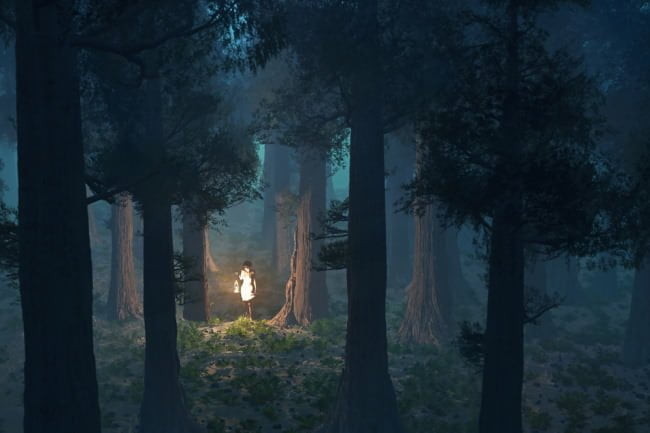 woman with lantern in dark forest