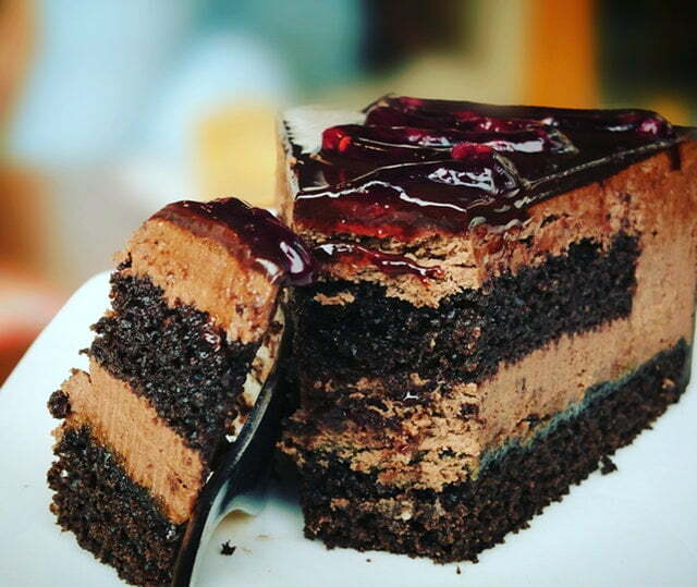 close-up of many-layered chocolate gateau slice