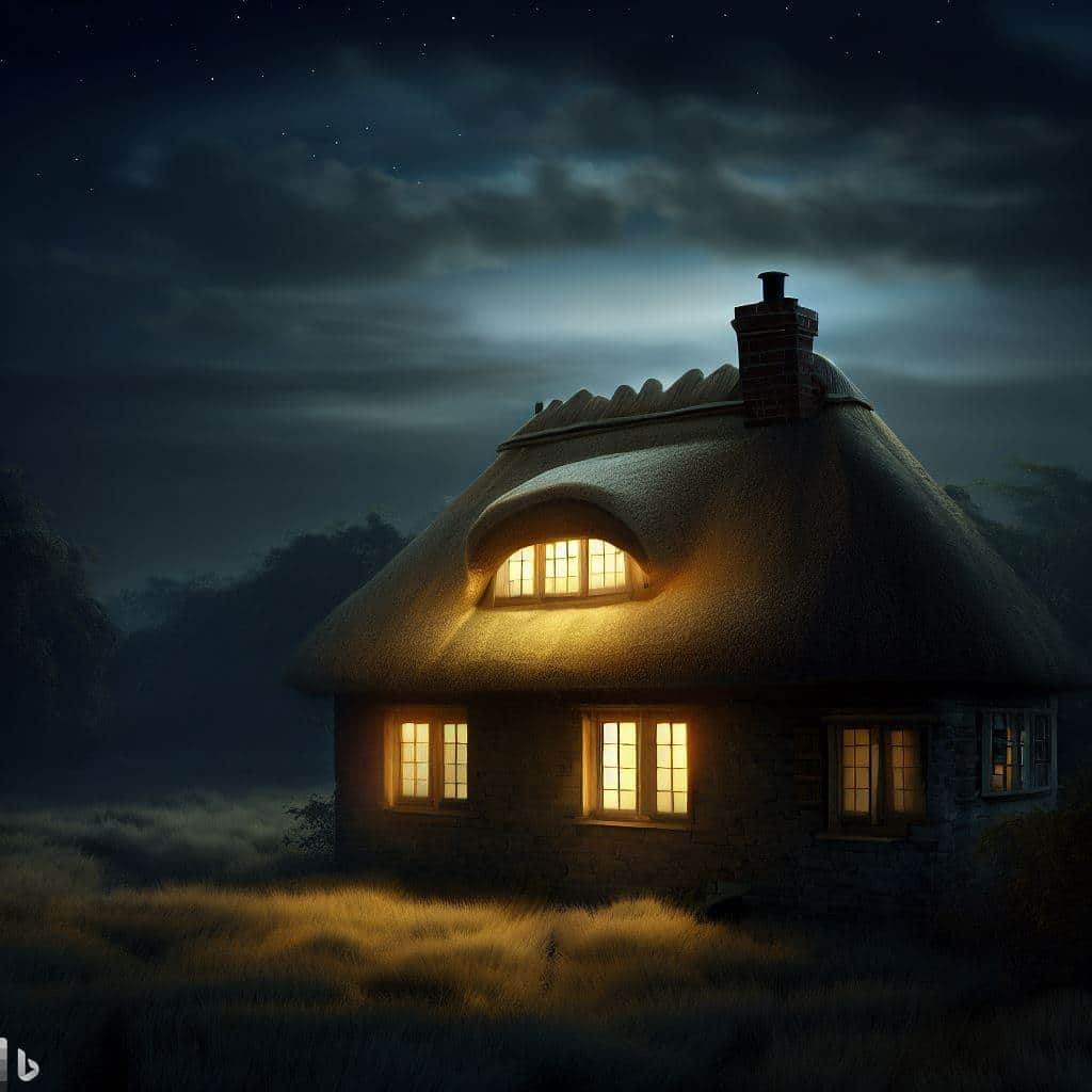 Cottage at night with light shining from its windows